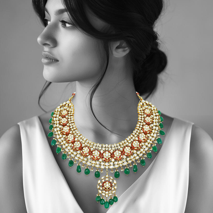 Polki Necklace with Red Enamel and Emerald Drops